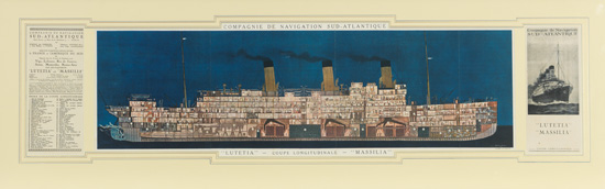 (COMPAGNIE de NAVIGATION SUD-ATLANTIQUE.) "Lutetia" and "Massilia." Lovely cutaway view on a dark blue background,